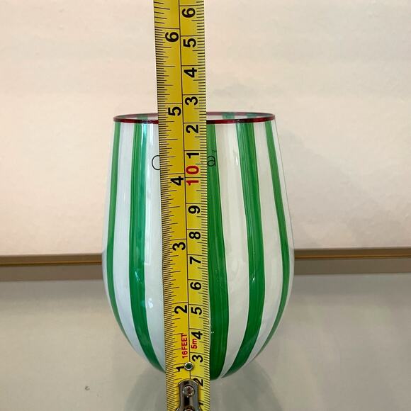 Cabana Green Striped Stemless Wine Glasses 17oz Set of 2 Holiday BarwareNEW - Picture 6 of 12
